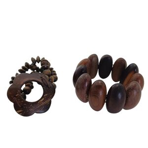 Bundle 2 Wood Chunky Womens Bracelets Coconut Shell Floral Boho Brown Tropical